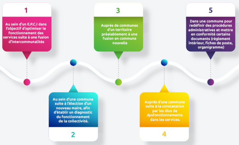Infographie présentant des exemples d'accompagnement en conseil en organisation